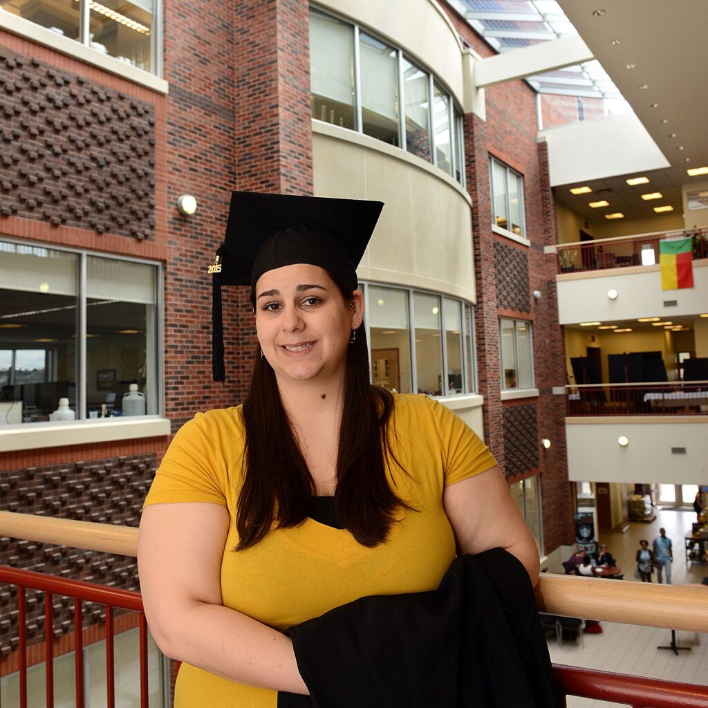 Carlow University student Danah Richter, who is deaf, will be graduating with an undergraduate degree in social work. She plans to help people with hearing disabilities bridge both worlds.  Photo by Bob Donaldson/Post-Gazette
