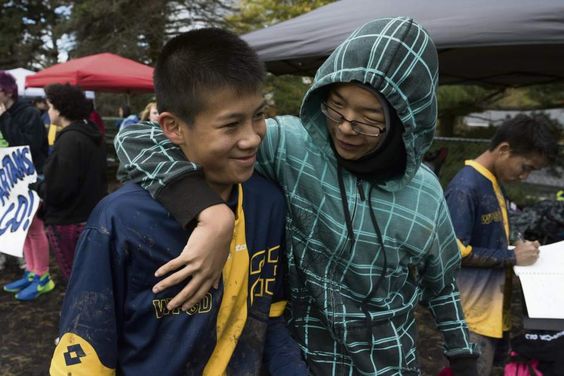 Wade Dunbar, player Western Pennsylvania School for the Deaf soccer team (left) gets a congratulatory hug from fellow classmate, James Carr, 15 after winning the third round of the Second Annual Eastern School for the Deaf Athletic Association soccer tournament at WPSD campus.